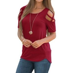 Dark red cold shoulder tee shirt